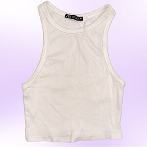 Zara Ribbed Tank Top Cropped Slim Fit in White Size Medium